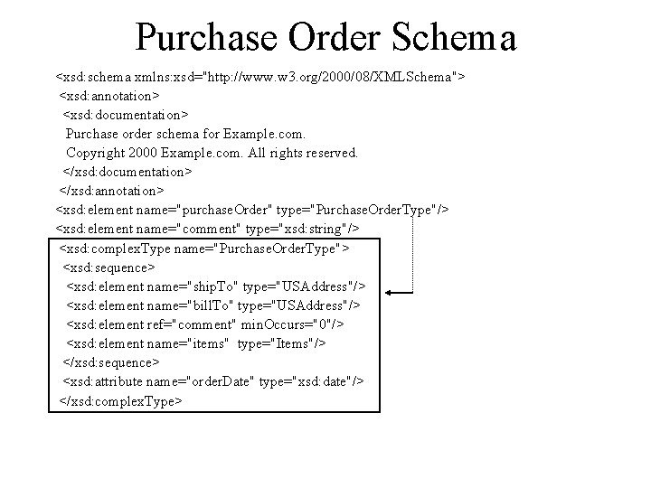 Purchase Order Schema <xsd: schema xmlns: xsd="http: //www. w 3. org/2000/08/XMLSchema"> <xsd: annotation> <xsd: