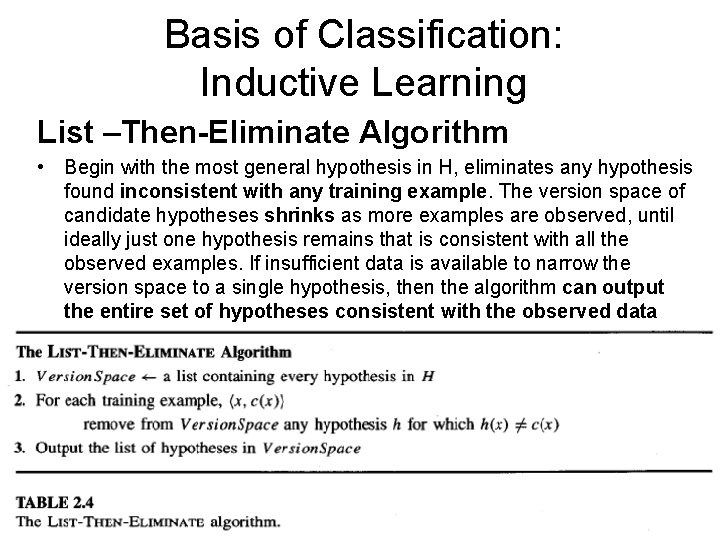 Basis of Classification: Inductive Learning List –Then-Eliminate Algorithm • Begin with the most general