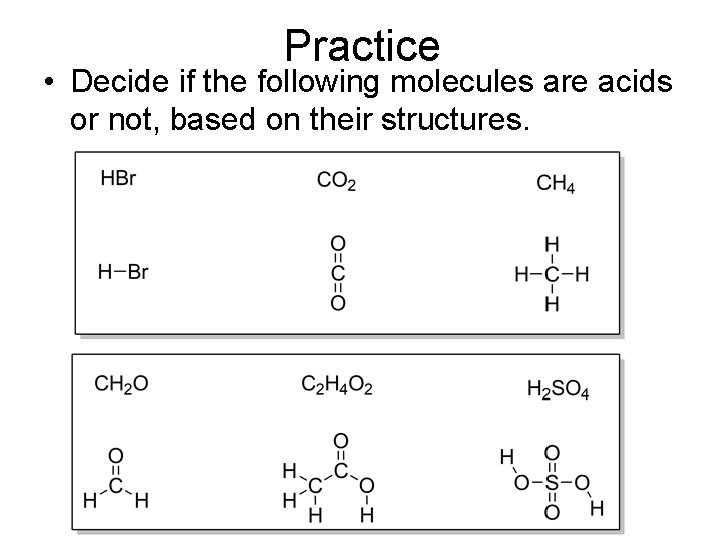 Practice • Decide if the following molecules are acids or not, based on their