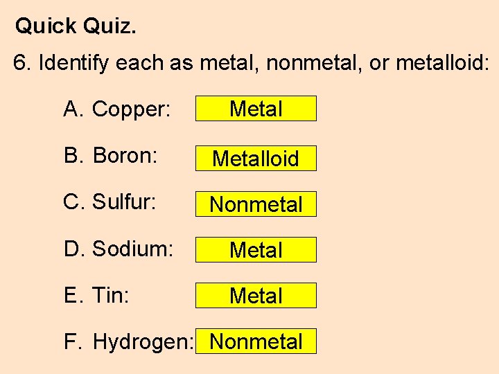 Quick Quiz. 6. Identify each as metal, nonmetal, or metalloid: A. Copper: Metal B.