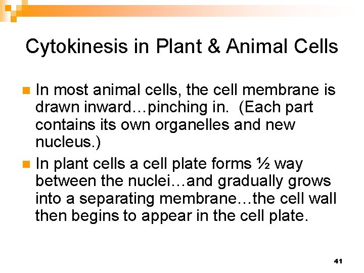 Cytokinesis in Plant & Animal Cells In most animal cells, the cell membrane is