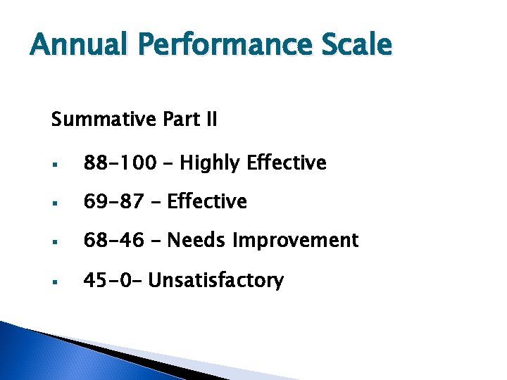 Annual Performance Scale Summative Part II § 88 -100 – Highly Effective § 69