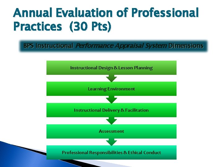 Annual Evaluation of Professional Practices (30 Pts) BPS Instructional Performance Appraisal System Dimensions Instructional
