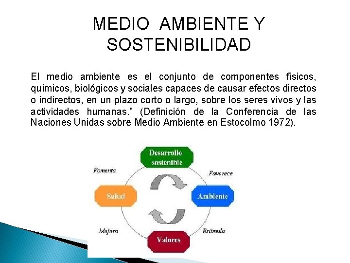 MEDIO AMBIENTE Y SOSTENIBILIDAD El medio ambiente es el conjunto de componentes físicos, químicos,