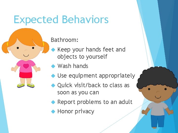 Expected Behaviors Bathroom: Keep your hands feet and objects to yourself Wash hands Use