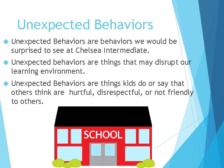 Unexpected Behaviors are behaviors we would be surprised to see at Chelsea Intermediate. Unexpected