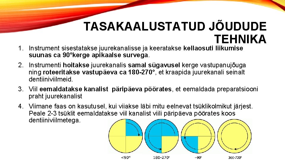 TASAKAALUSTATUD JÕUDUDE TEHNIKA 1. Instrument sisestatakse juurekanalisse ja keeratakse kellaosuti liikumise suunas ca 90°kerge