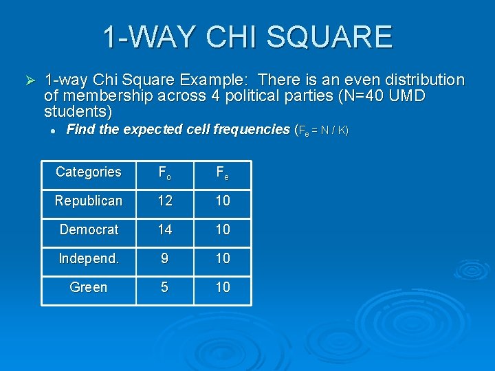 1 -WAY CHI SQUARE Ø 1 -way Chi Square Example: There is an even