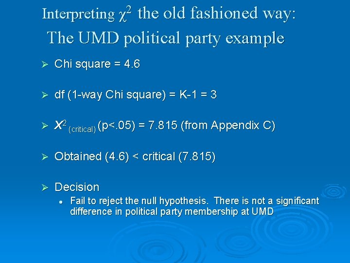 Interpreting χ2 the old fashioned way: The UMD political party example Ø Chi square