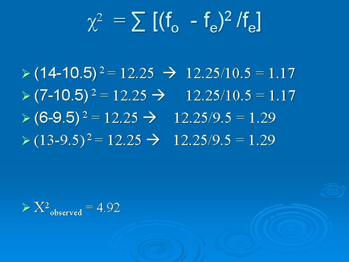 χ = ∑ [(fo 2 Ø (14 -10. 5) 2 = 12. 25 2