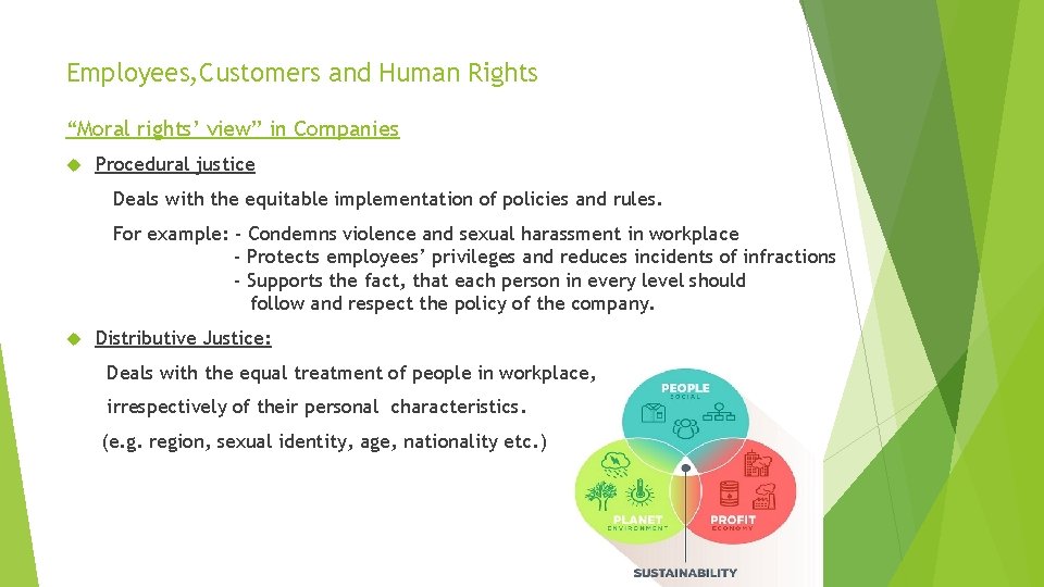 Employees, Customers and Human Rights “Moral rights’ view” in Companies Procedural justice Deals with