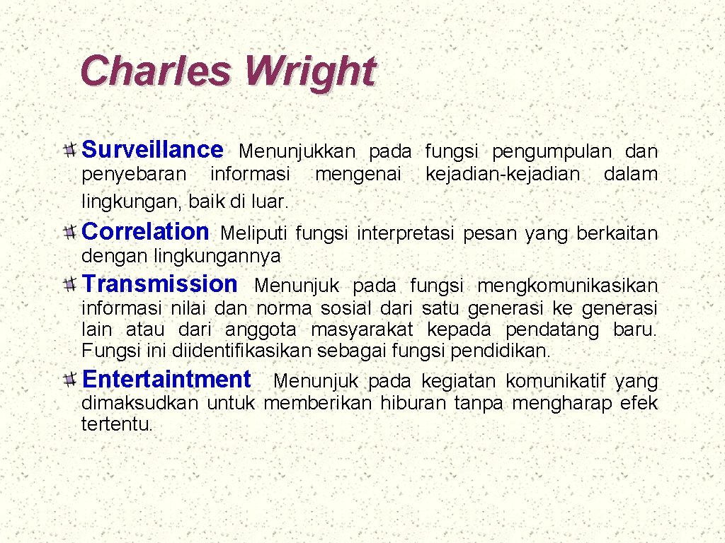 Charles Wright Surveillance Menunjukkan pada fungsi pengumpulan dan penyebaran informasi lingkungan, baik di luar.