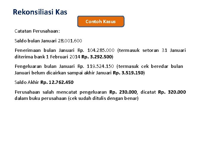 Rekonsiliasi Kas Contoh Kasus Catatan Perusahaan: Saldo bulan Januari 28. 001. 600 Penerimaan bulan