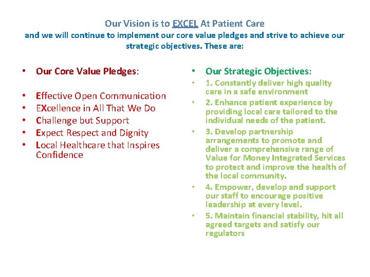 Our Vision is to EXCEL At Patient Care and we will continue to implement