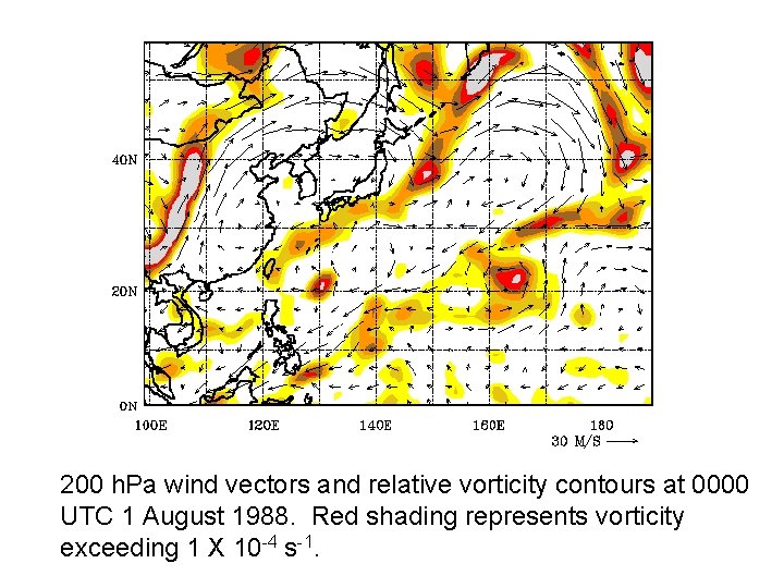 200 h. Pa wind vectors and relative vorticity contours at 0000 UTC 1 August