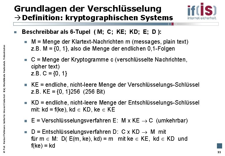 Grundlagen der Verschlüsselung Definition: kryptographischen Systems Prof. Norbert Pohlmann, Institut für Internet-Sicherheit - if(is),