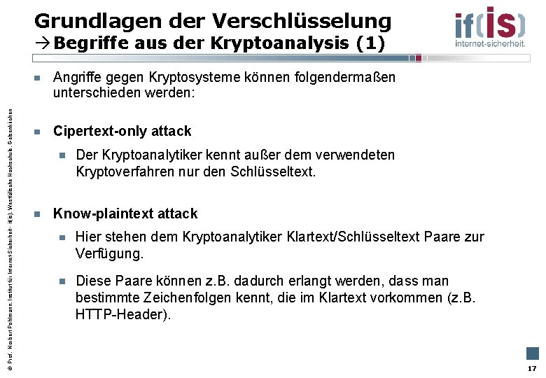 Grundlagen der Verschlüsselung Begriffe aus der Kryptoanalysis (1) Prof. Norbert Pohlmann, Institut für Internet-Sicherheit
