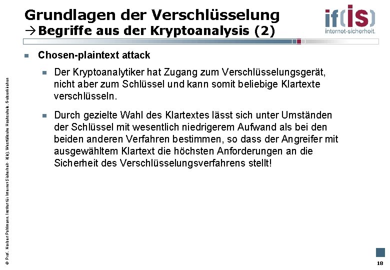 Grundlagen der Verschlüsselung Begriffe aus der Kryptoanalysis (2) Prof. Norbert Pohlmann, Institut für Internet-Sicherheit