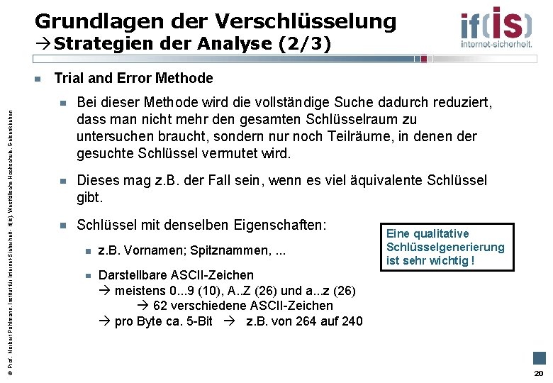 Grundlagen der Verschlüsselung Strategien der Analyse (2/3) Prof. Norbert Pohlmann, Institut für Internet-Sicherheit -