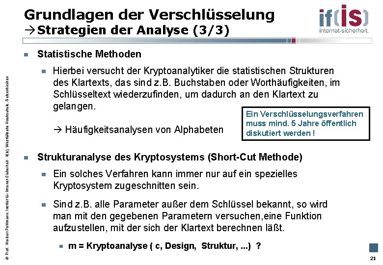 Grundlagen der Verschlüsselung Strategien der Analyse (3/3) Prof. Norbert Pohlmann, Institut für Internet-Sicherheit -