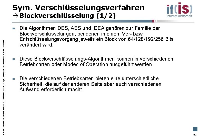 Sym. Verschlüsselungsverfahren Prof. Norbert Pohlmann, Institut für Internet-Sicherheit - if(is), Westfälische Hochschule, Gelsenkirchen Blockverschlüsselung