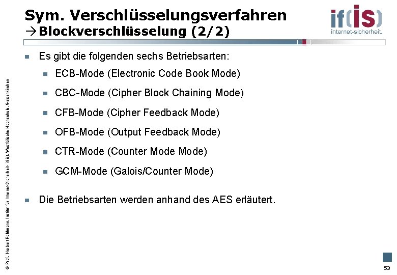 Sym. Verschlüsselungsverfahren Blockverschlüsselung (2/2) Es gibt die folgenden sechs Betriebsarten: Prof. Norbert Pohlmann, Institut