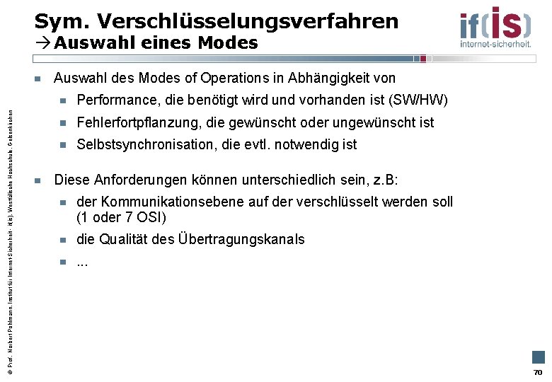 Sym. Verschlüsselungsverfahren Auswahl eines Modes Auswahl des Modes of Operations in Abhängigkeit von Prof.