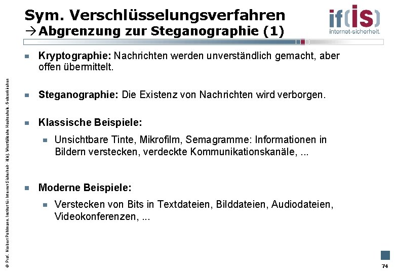 Sym. Verschlüsselungsverfahren Abgrenzung zur Steganographie (1) Prof. Norbert Pohlmann, Institut für Internet-Sicherheit - if(is),