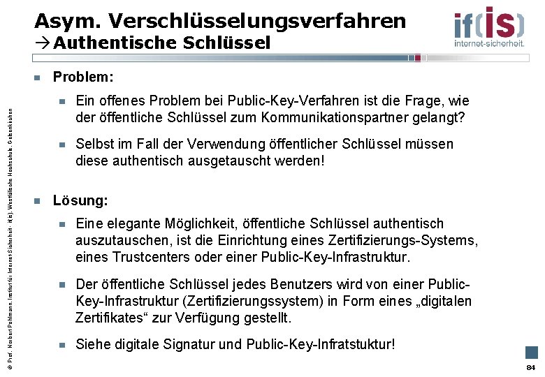 Asym. Verschlüsselungsverfahren Authentische Schlüssel Prof. Norbert Pohlmann, Institut für Internet-Sicherheit - if(is), Westfälische Hochschule,