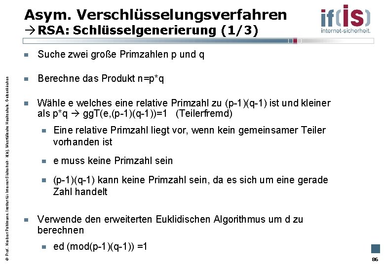 Asym. Verschlüsselungsverfahren RSA: Schlüsselgenerierung (1/3) Prof. Norbert Pohlmann, Institut für Internet-Sicherheit - if(is), Westfälische