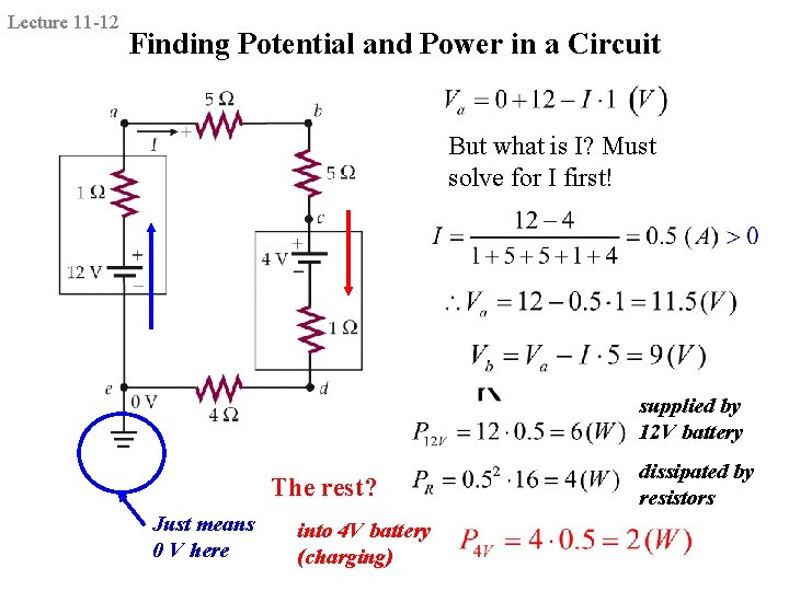 Lecture 11 -12 Finding Potential and Power in a Circuit But what is I?
