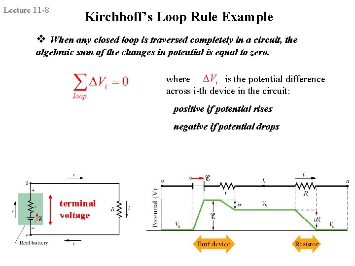 Lecture 11 -8 Kirchhoff’s Loop Rule Example v When any closed loop is traversed