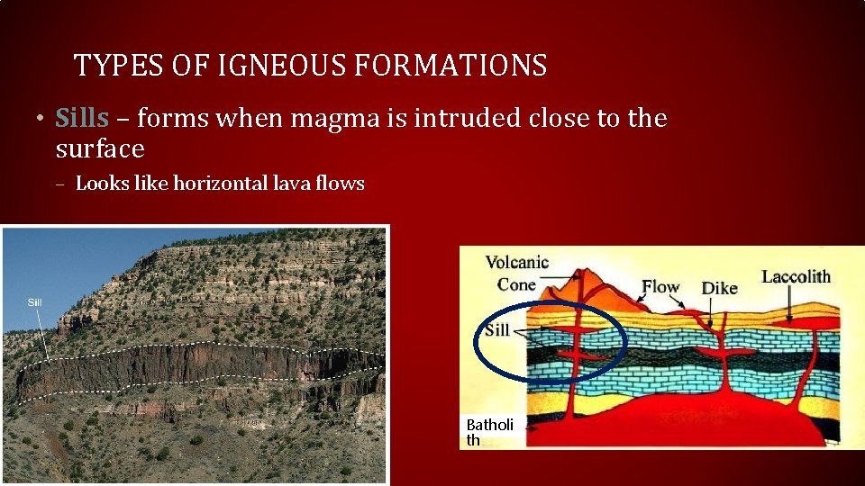 TYPES OF IGNEOUS FORMATIONS • Sills – forms when magma is intruded close to