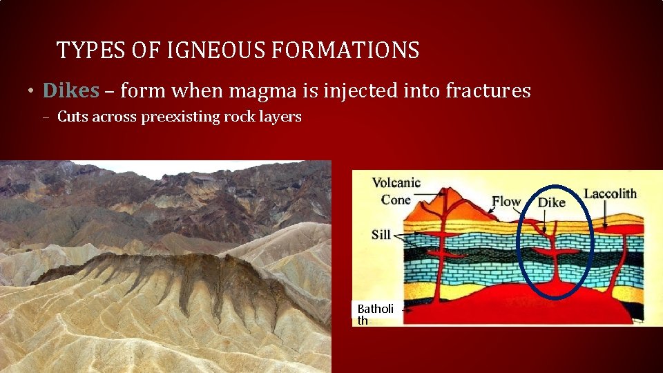 TYPES OF IGNEOUS FORMATIONS • Dikes – form when magma is injected into fractures