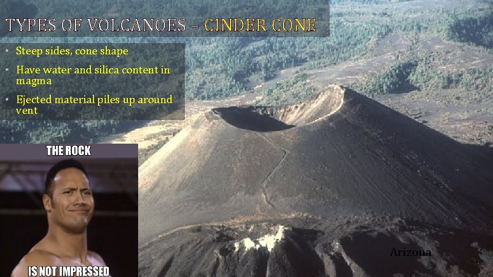TYPES OF VOLCANOES – CINDER CONE • Steep sides, cone shape • Have water