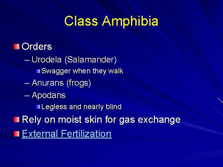 Class Amphibia Orders – Urodela (Salamander) Swagger when they walk – Anurans (frogs) –
