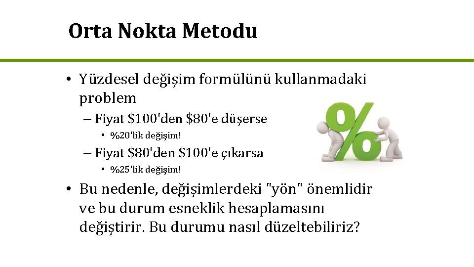 Orta Nokta Metodu • Yüzdesel değişim formülünü kullanmadaki problem – Fiyat $100'den $80'e düşerse