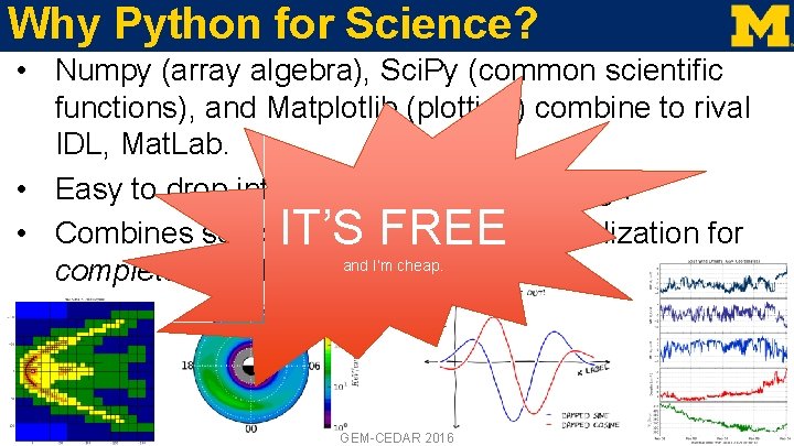 Why Python for Science? • Numpy (array algebra), Sci. Py (common scientific functions), and