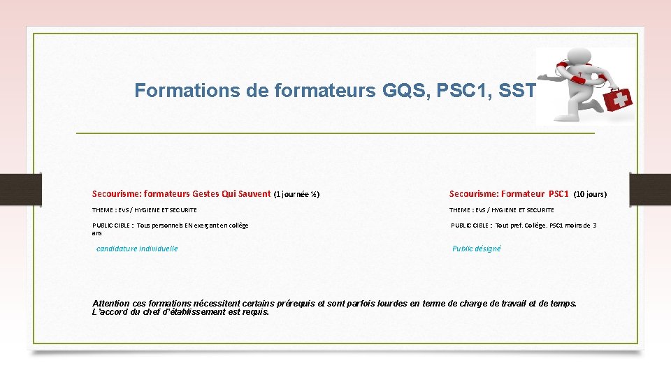 Formations de formateurs GQS, PSC 1, SST Secourisme: formateurs Gestes Qui Sauvent (1 journée