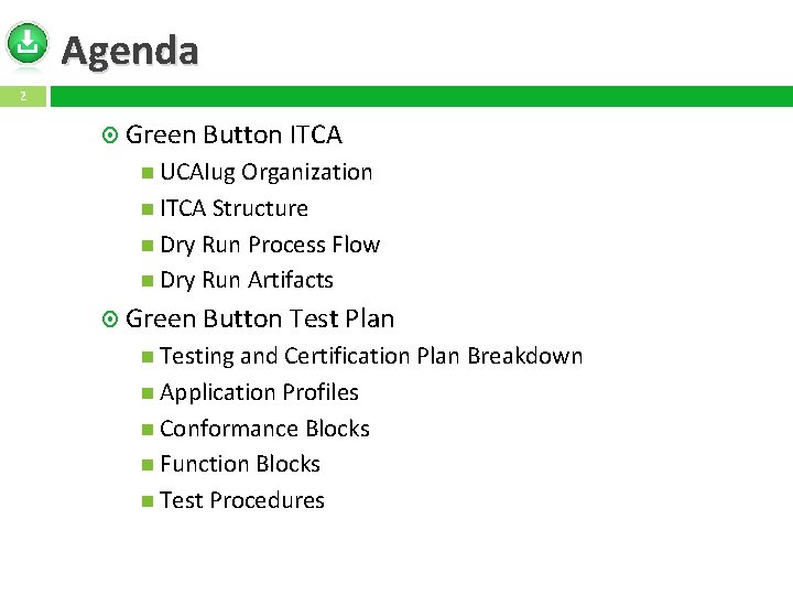 Agenda 2 Green Button ITCA UCAIug Organization ITCA Structure Dry Run Process Flow Dry