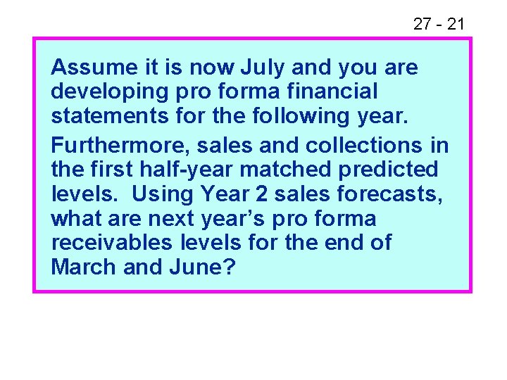 27 - 21 Assume it is now July and you are developing pro forma