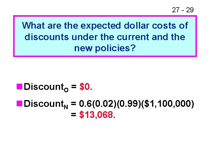 27 - 29 What are the expected dollar costs of discounts under the current