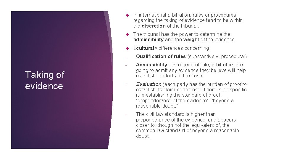 Taking of evidence In international arbitration, rules or procedures regarding the taking of evidence