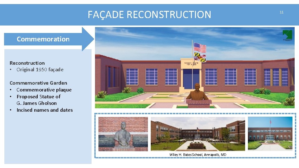 FAÇADE RECONSTRUCTION Commemoration Reconstruction • Original 1950 façade Commemorative Garden • Commemorative plaque •