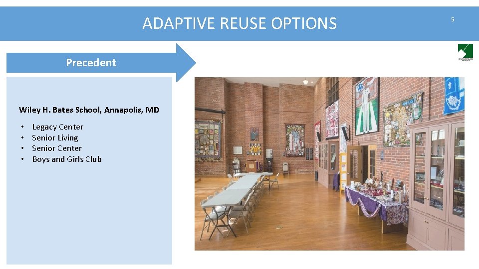 ADAPTIVE REUSE OPTIONS Precedent Wiley H. Bates School, Annapolis, MD • • Legacy Center