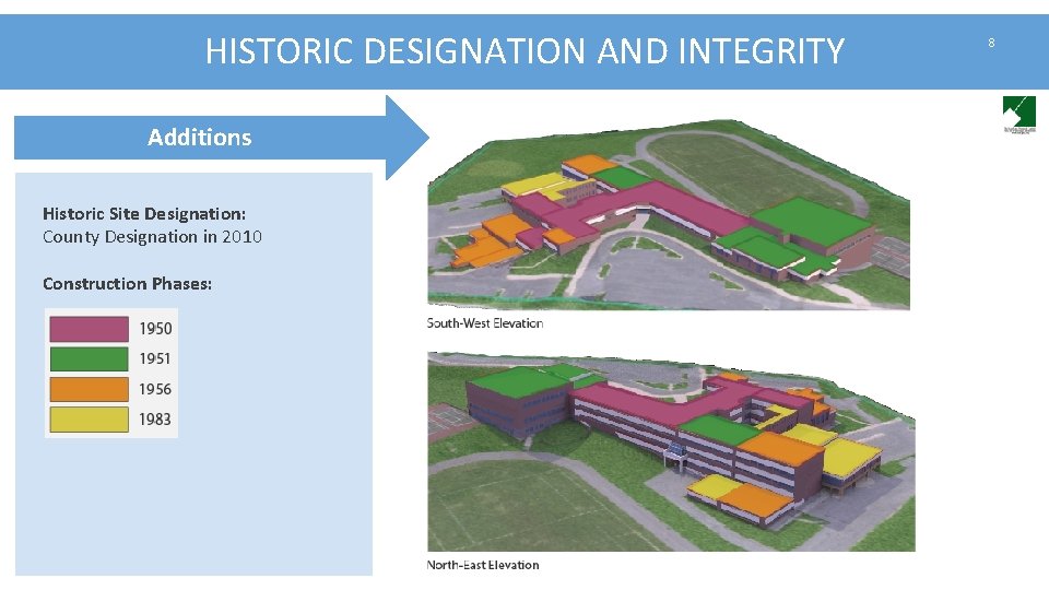 HISTORIC DESIGNATION AND INTEGRITY Additions Historic Site Designation: County Designation in 2010 Construction Phases: