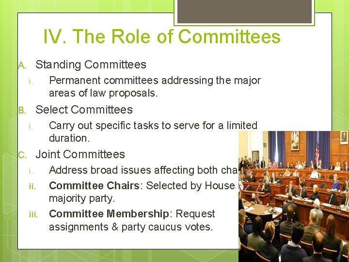 IV. The Role of Committees Standing Committees A. Permanent committees addressing the major areas