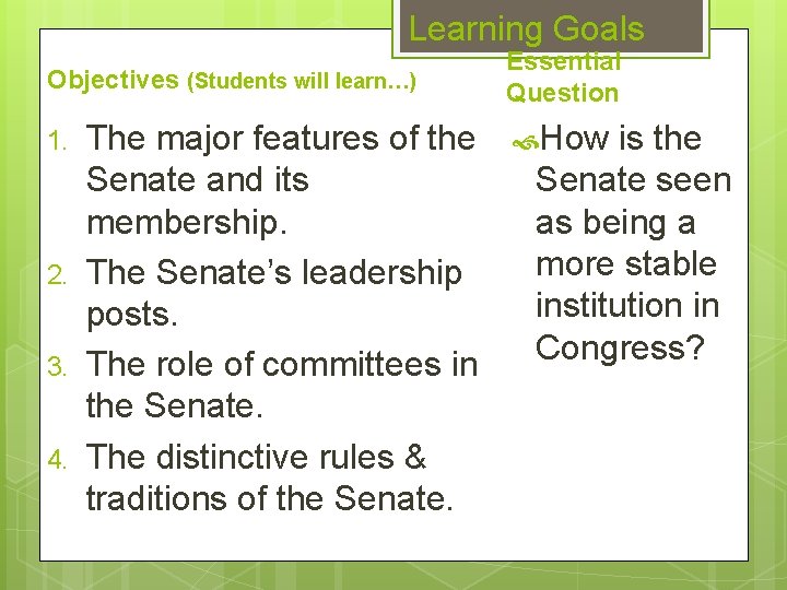 Learning Goals Objectives (Students will learn…) 1. 2. 3. 4. The major features of