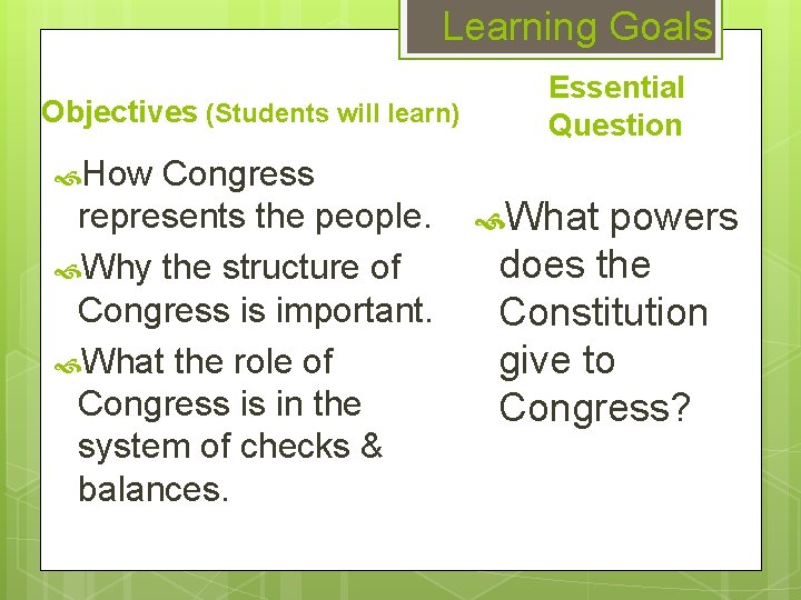 Learning Goals Objectives (Students will learn) Congress represents the people. Why the structure of