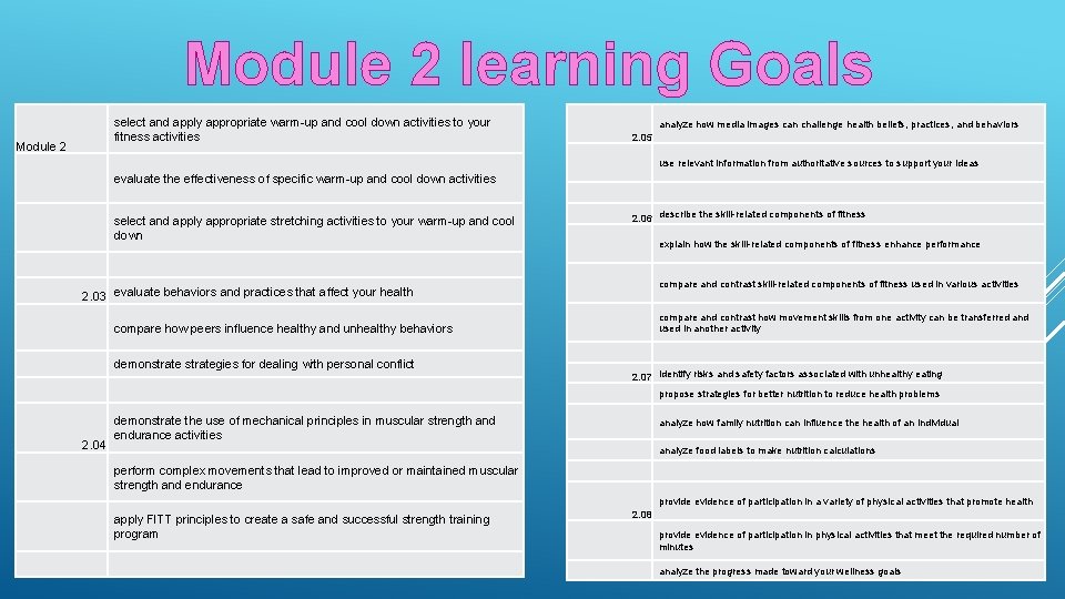 Module 2 learning Goals select and apply appropriate warm-up and cool down activities to Module 2 learning Goals select and apply appropriate warm-up and cool down activities to